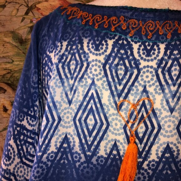 Sz M Kalypso 7 Blue & White Ombre Print Beach Coverup with Orange Embroi… - Picture 16 of 17